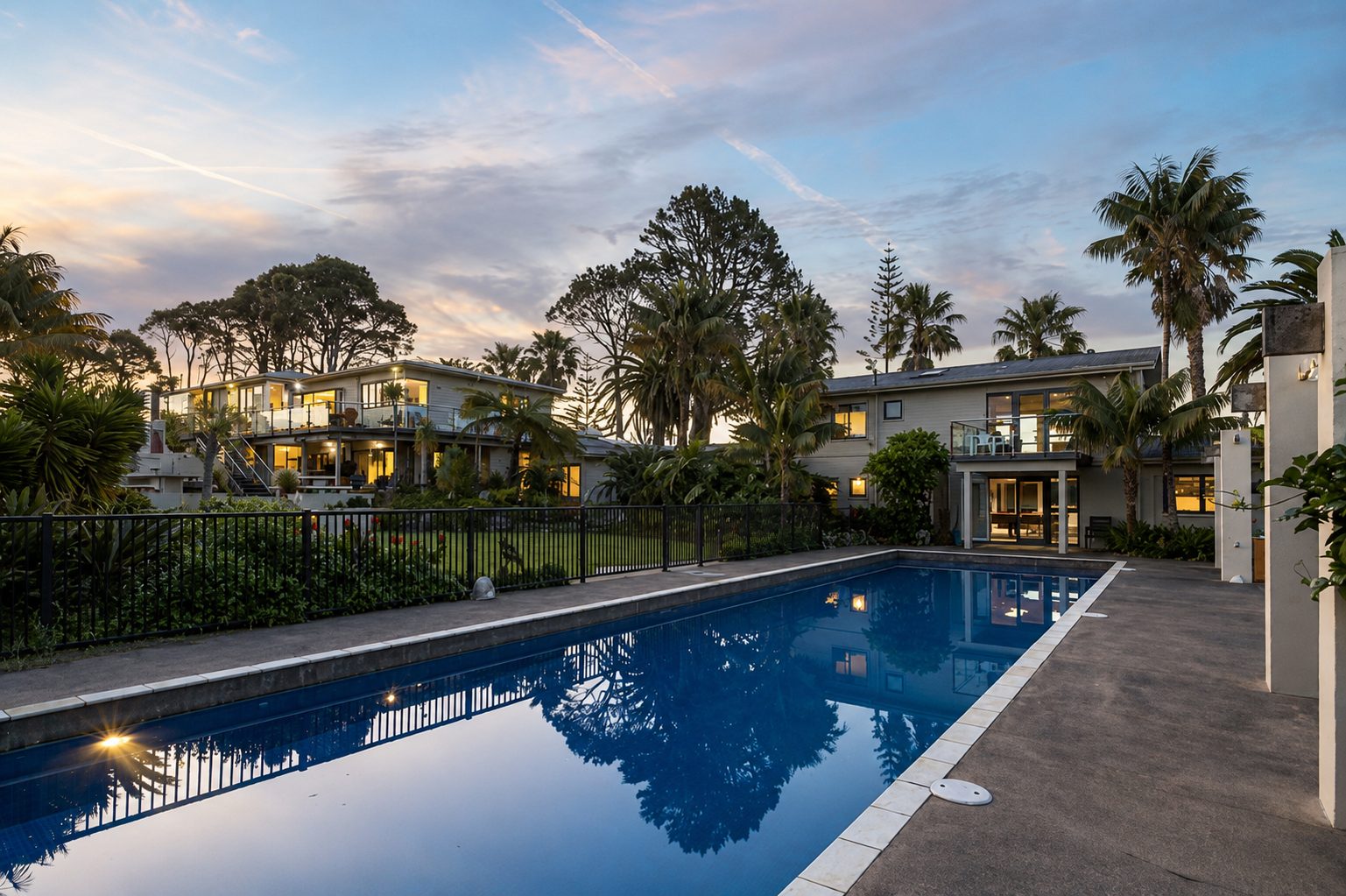 The estate at dusk, its wings lit above the lap pool