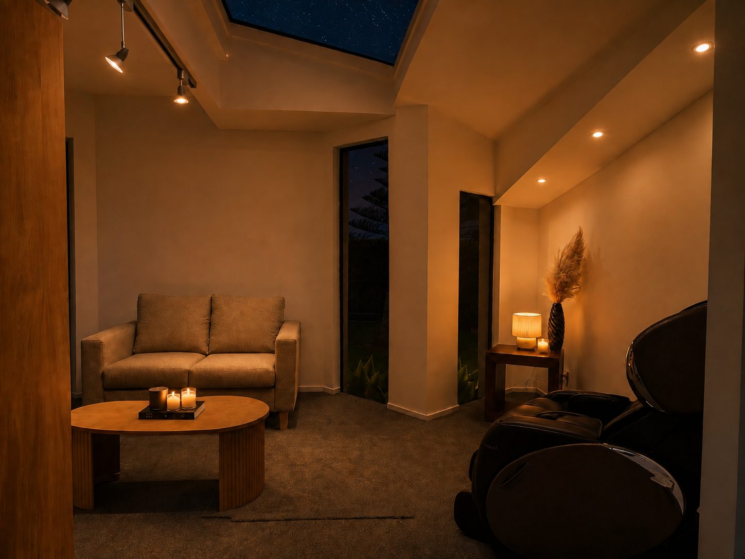 A softly lit lounge with candles, a skylight and massage chairs